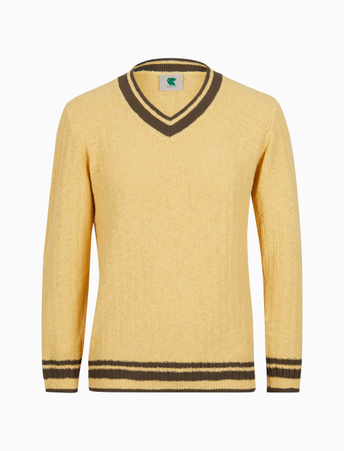 Unisex plain corn yellow cotton V-neck jumper with contrasting detail - Green | Gallo 1927 - Official Online Shop