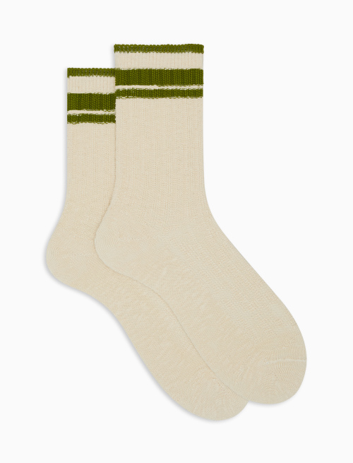Short unisex plain cord beige ribbed cotton socks with striped cuffs - Green | Gallo 1927 - Official Online Shop