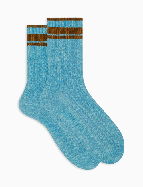 Short unisex plain light blue ribbed cotton socks with striped cuffs - Green | Gallo 1927 - Official Online Shop