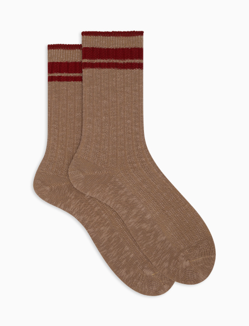 Short unisex plain truffle ribbed cotton socks with striped cuffs - Green | Gallo 1927 - Official Online Shop