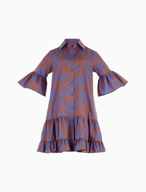 Women's carbon paper blue cotton short frilled shirt dress with large floral pattern - Lifestyle | Gallo 1927 - Official Online Shop