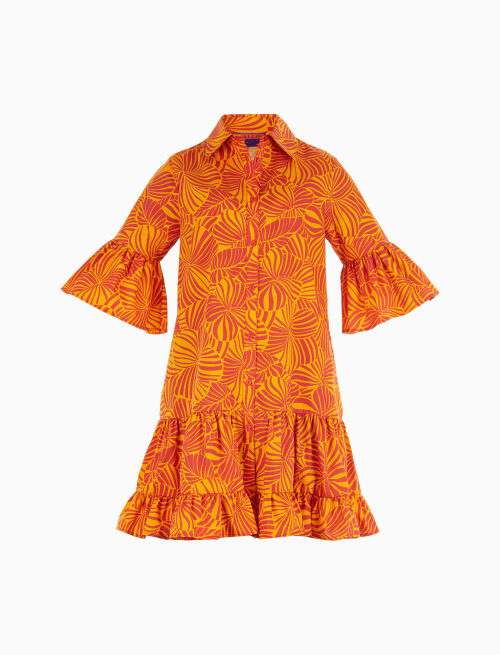 Women's narcissus yellow cotton short frilled shirt dress with large floral pattern - Beachwear | Gallo 1927 - Official Online Shop