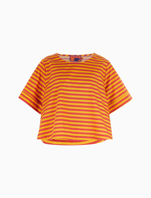 Women's narcissus yellow cotton boxy top with two-tone stripes - Capri | Gallo 1927 - Official Online Shop