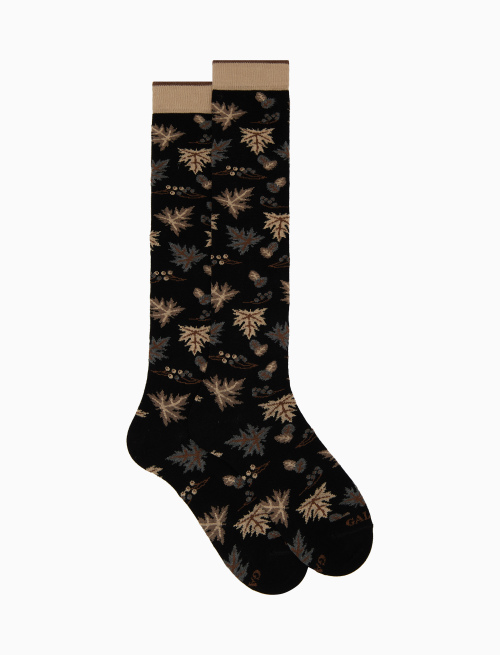Men's long black cotton socks with leaf motif - The FW Edition | Gallo 1927 - Official Online Shop