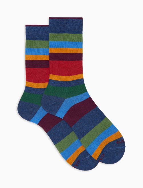 Men's short socks in blue cotton with multicolored stripes in seven colors - Short | Gallo 1927 - Official Online Shop