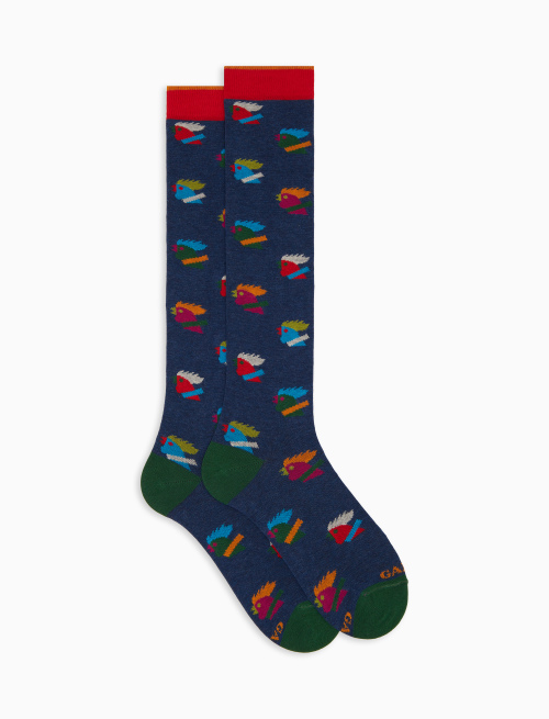 Men’s long blue cotton socks with multicoloured hen motif - New In | Gallo 1927 - Official Online Shop