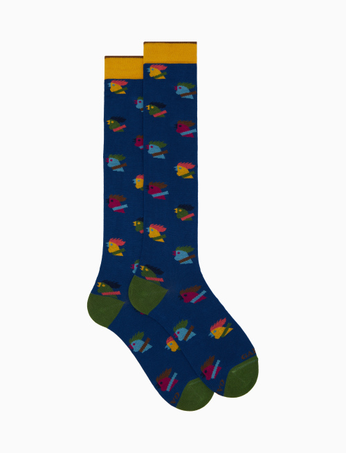 Men’s long blue cotton socks with multicoloured hen motif - Sales | Gallo 1927 - Official Online Shop