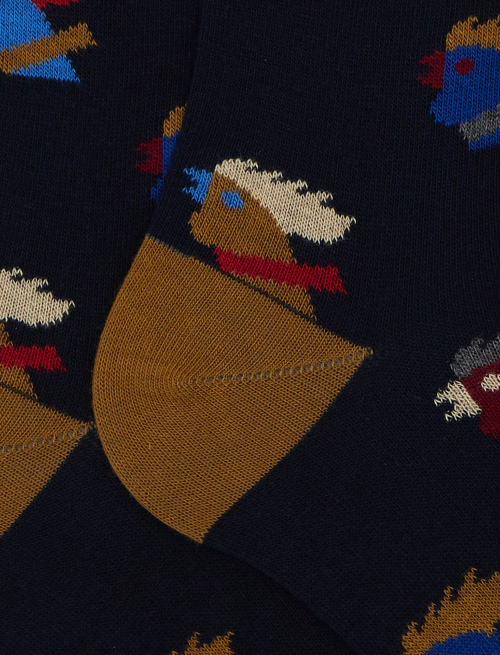 Men’s long blue cotton socks with multicoloured hen motif - Black Friday | Gallo 1927 - Official Online Shop