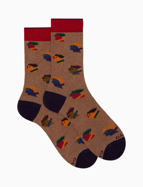 Men’s short brown cotton socks with multicoloured hen motif - The FW Edition | Gallo 1927 - Official Online Shop