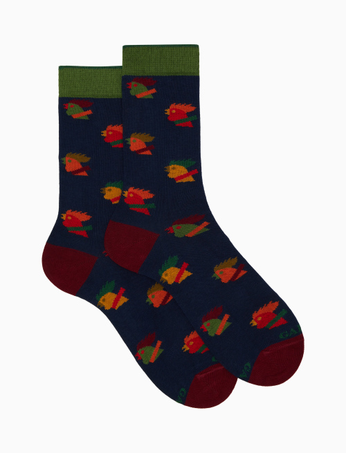 Men’s short blue cotton socks with multicoloured hen motif - Socks | Gallo 1927 - Official Online Shop
