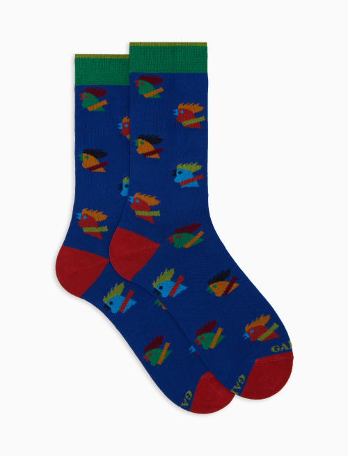 Men’s short blue cotton socks with multicoloured hen motif - Black Friday | Gallo 1927 - Official Online Shop