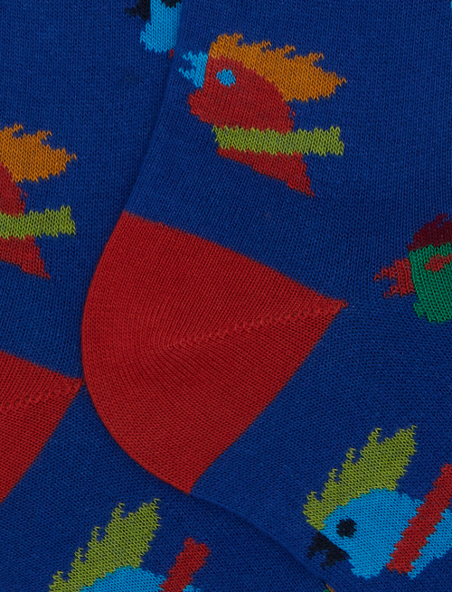 Men’s short blue cotton socks with multicoloured hen motif - Black Friday | Gallo 1927 - Official Online Shop