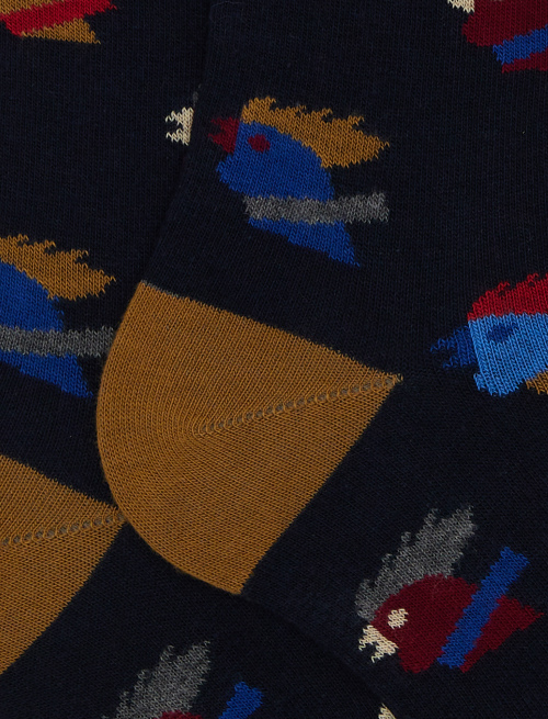 Men’s short blue cotton socks with multicoloured hen motif - Black Friday | Gallo 1927 - Official Online Shop
