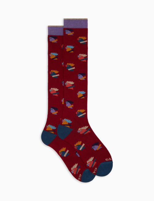 Women’s long burgundy cotton socks with multicoloured hen motif - Socks | Gallo 1927 - Official Online Shop