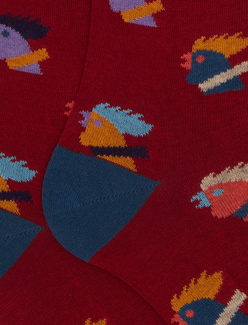 Women’s long burgundy cotton socks with multicoloured hen motif - Socks | Gallo 1927 - Official Online Shop