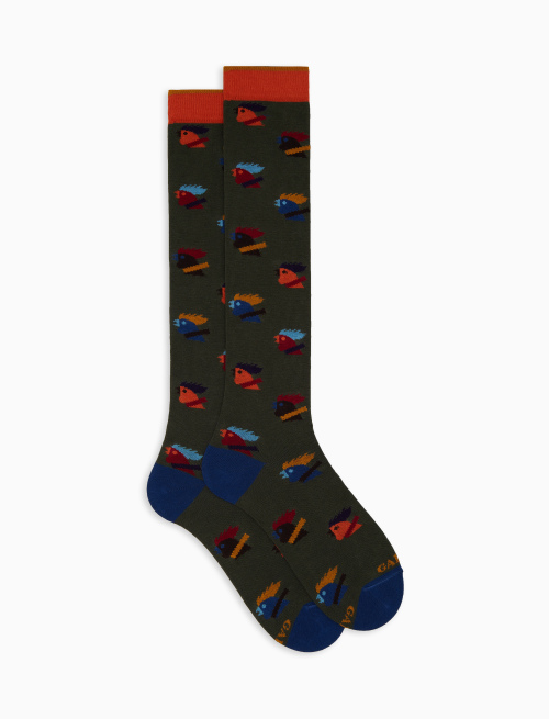 Women’s long green cotton socks with multicoloured hen motif - Socks | Gallo 1927 - Official Online Shop