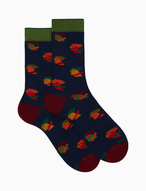 Women’s short blue cotton socks with multicoloured hen motif - The FW Edition | Gallo 1927 - Official Online Shop