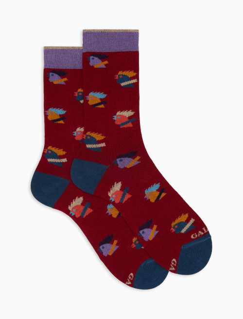 Women’s short burgundy cotton socks with multicoloured hen motif - Socks | Gallo 1927 - Official Online Shop