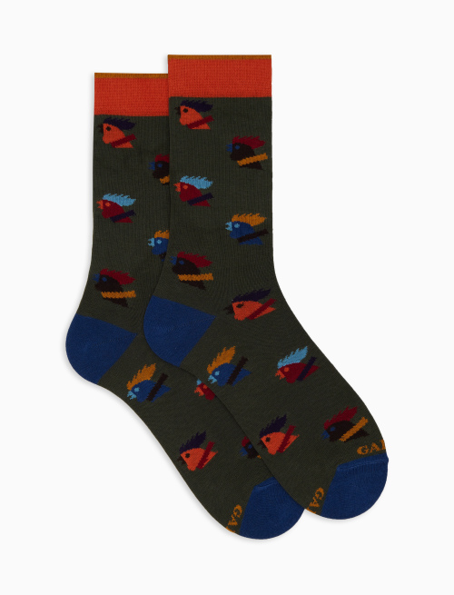 Women’s short green cotton socks with multicoloured hen motif - Socks | Gallo 1927 - Official Online Shop