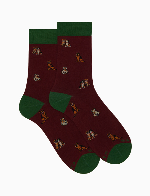 Women's short burgundy cotton socks with dog motif - The FW Edition | Gallo 1927 - Official Online Shop