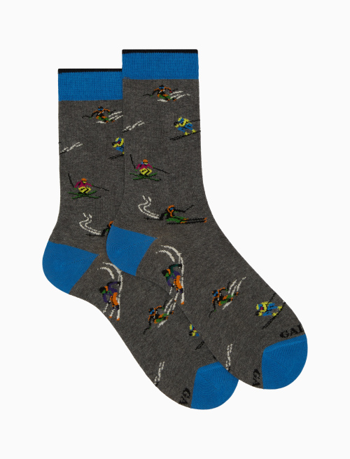 Men's short grey cotton socks with skier motif - Socks | Gallo 1927 - Official Online Shop