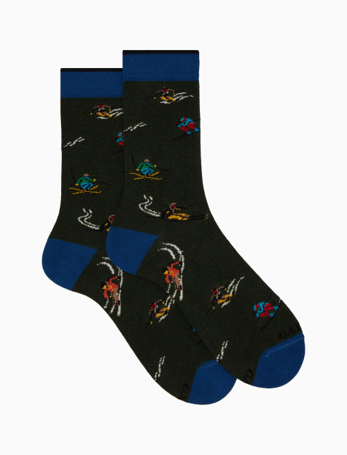 Women's short green cotton socks with skier motif - Socks | Gallo 1927 - Official Online Shop