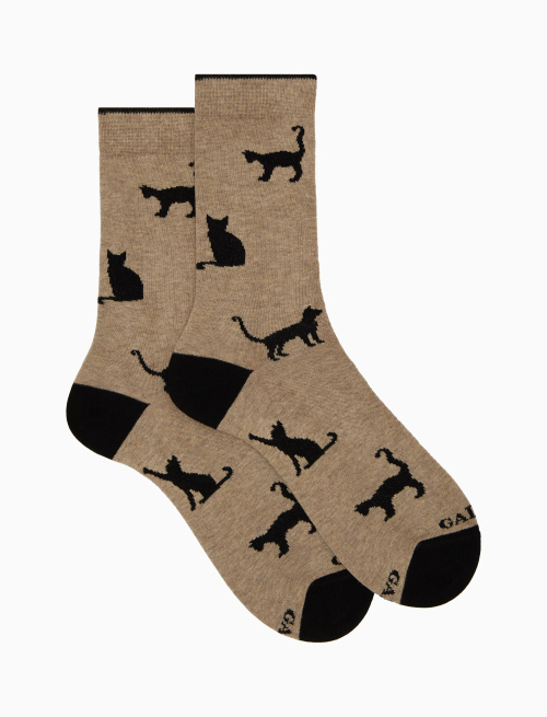 Women’s short beige cotton socks with cat motif - Gift ideas | Gallo 1927 - Official Online Shop