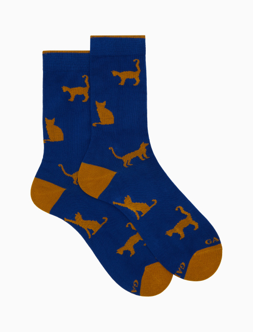 Women’s short blue cotton socks with cat motif - Gift ideas | Gallo 1927 - Official Online Shop