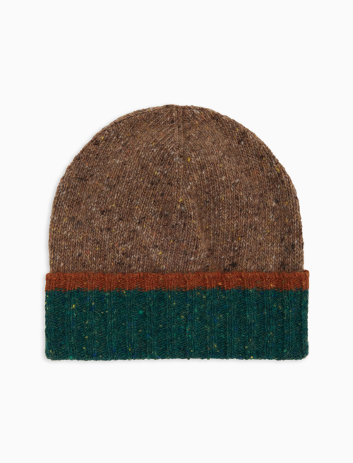 Men's plain beige ribbed wool beanie with contrasting cuff - Accessories | Gallo 1927 - Official Online Shop