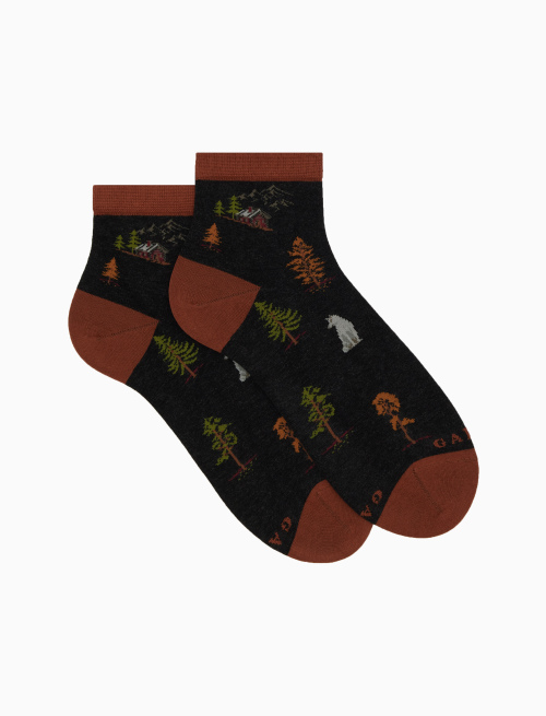 Women’s low-cut grey cotton socks with wolves in the forest motif - Super short | Gallo 1927 - Official Online Shop