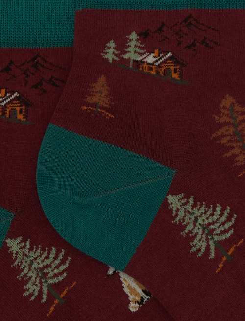 Women’s low-cut burgundy cotton socks with wolves in the forest motif - Socks | Gallo 1927 - Official Online Shop
