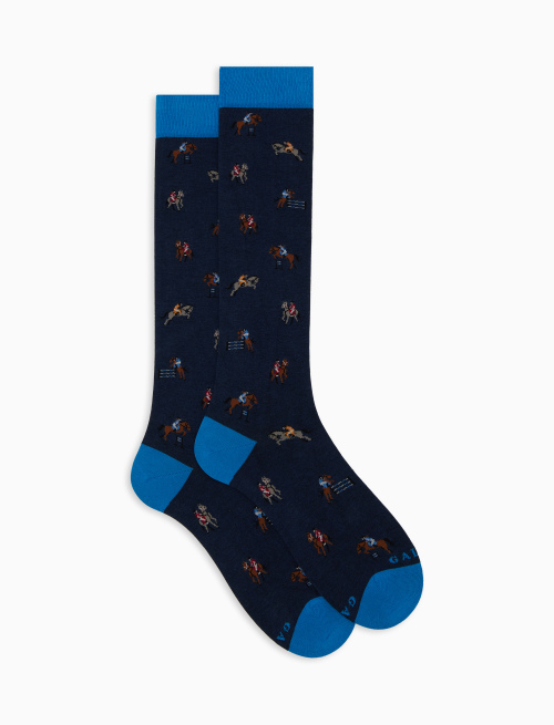 Men's long blue cotton socks with horse riding motif - The FW Edition | Gallo 1927 - Official Online Shop