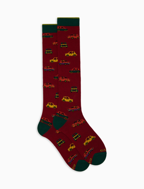 Women’s long burgundy cotton socks with car motif - Socks | Gallo 1927 - Official Online Shop
