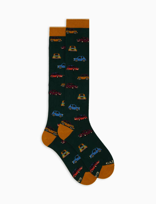 Women’s long green cotton socks with car motif - Socks | Gallo 1927 - Official Online Shop