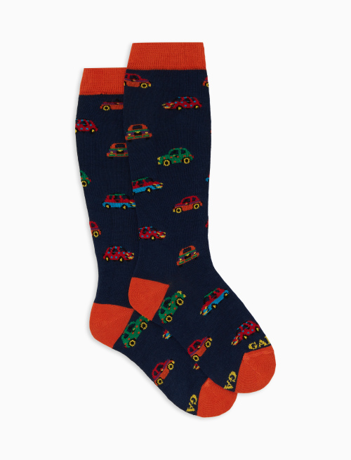 Kids' long blue cotton socks with car motif - The FW Edition | Gallo 1927 - Official Online Shop