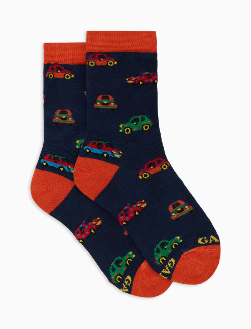 Short blue cotton socks with car motif - Socks | Gallo 1927 - Official Online Shop