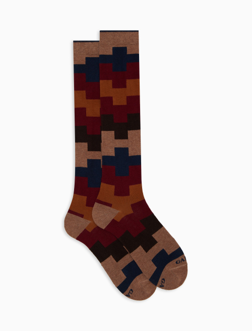 Men's long brown cotton socks with geometric motif - The FW Edition | Gallo 1927 - Official Online Shop