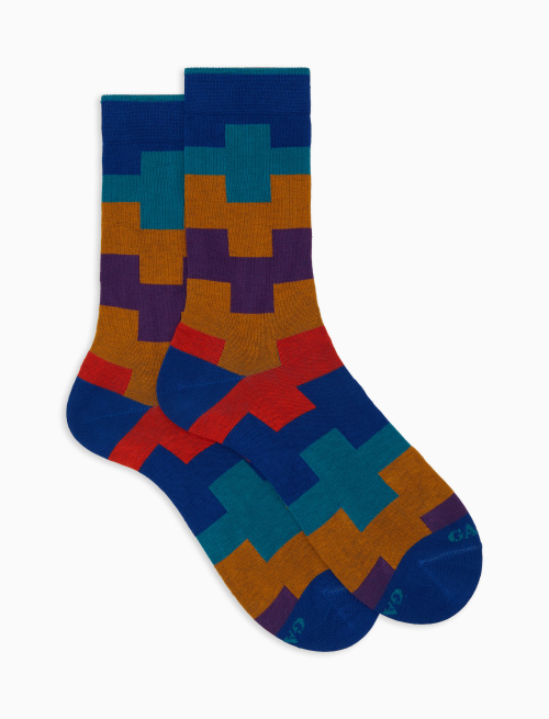 Men’s short blue cotton socks with geometric motif | Gallo 1927 - Official Online Shop