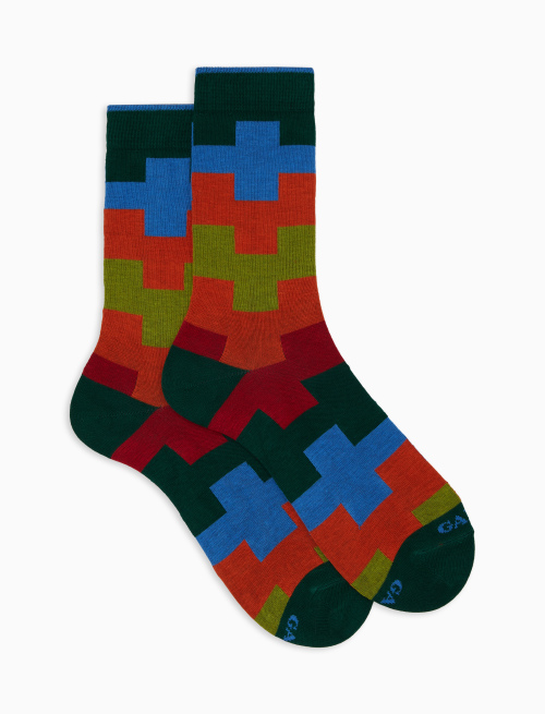 Men’s short green cotton socks with geometric motif | Gallo 1927 - Official Online Shop