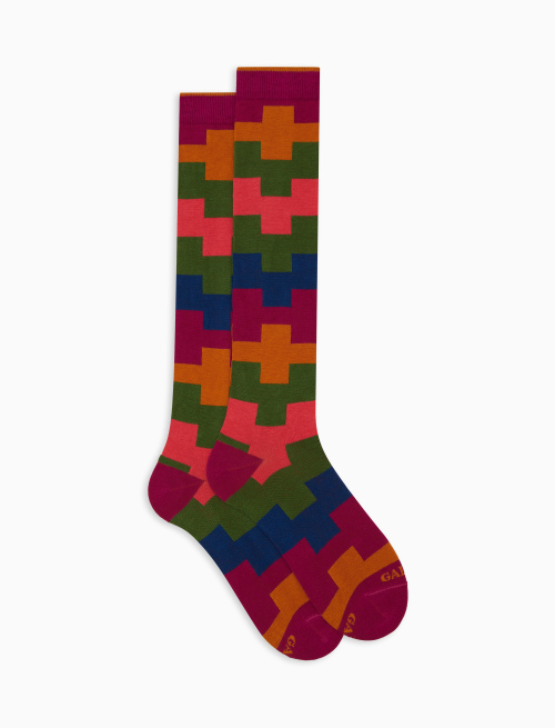 Women’s long fuchsia cotton socks with geometric motif - The FW Edition | Gallo 1927 - Official Online Shop