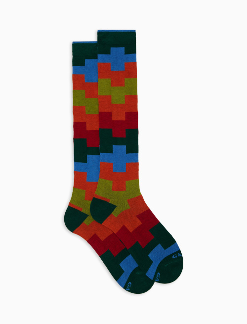Women’s long green cotton socks with geometric motif - Socks | Gallo 1927 - Official Online Shop