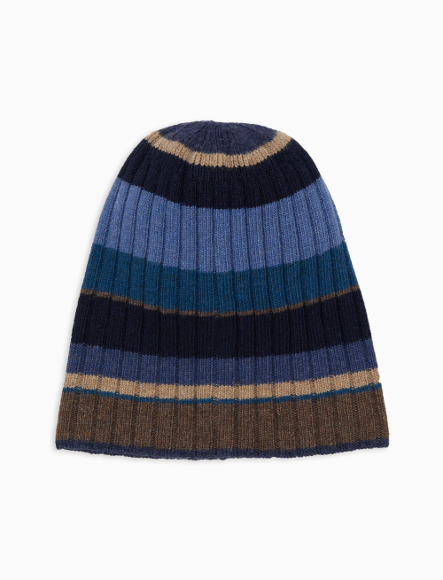 Unisex blue wool and cashmere beanie with multicoloured stripes - Hats | Gallo 1927 - Official Online Shop
