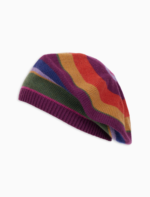 Women's purple wool and cashmere beret with multicoloured stripes | Gallo 1927 - Official Online Shop