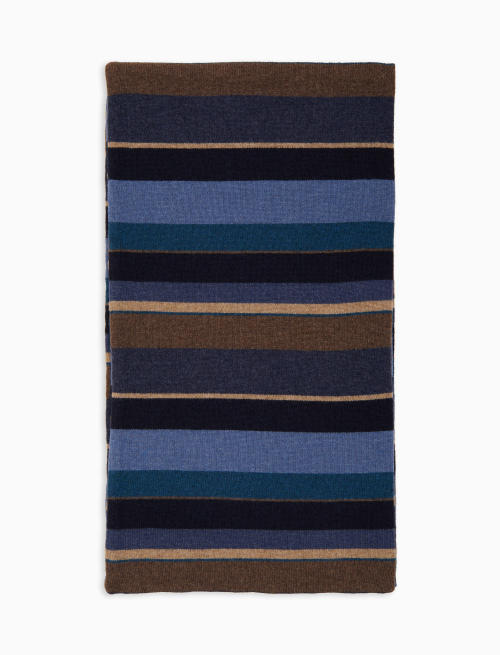 Unisex simple blue wool and cashmere scarf with multicoloured stripes - Scarves | Gallo 1927 - Official Online Shop