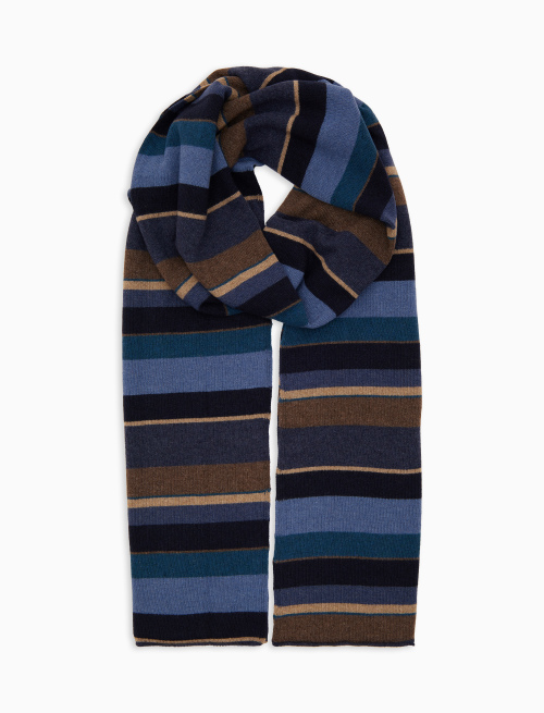 Unisex simple blue wool and cashmere scarf with multicoloured stripes - Accessories | Gallo 1927 - Official Online Shop