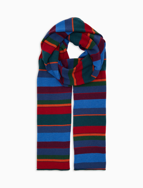 Unisex simple blue wool and cashmere scarf with multicoloured stripes - Accessories | Gallo 1927 - Official Online Shop