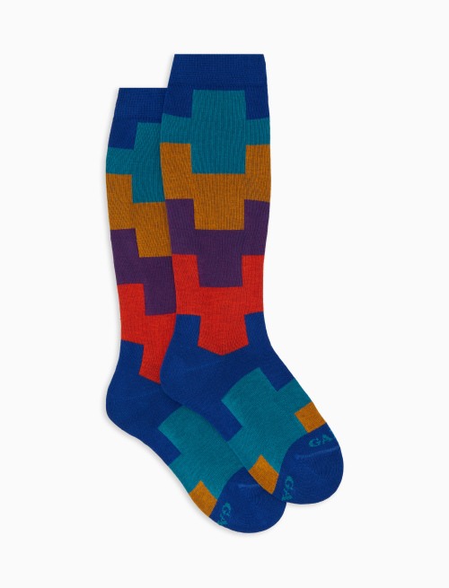 Kids' long blue cotton socks with geometric motif - Socks | Gallo 1927 - Official Online Shop