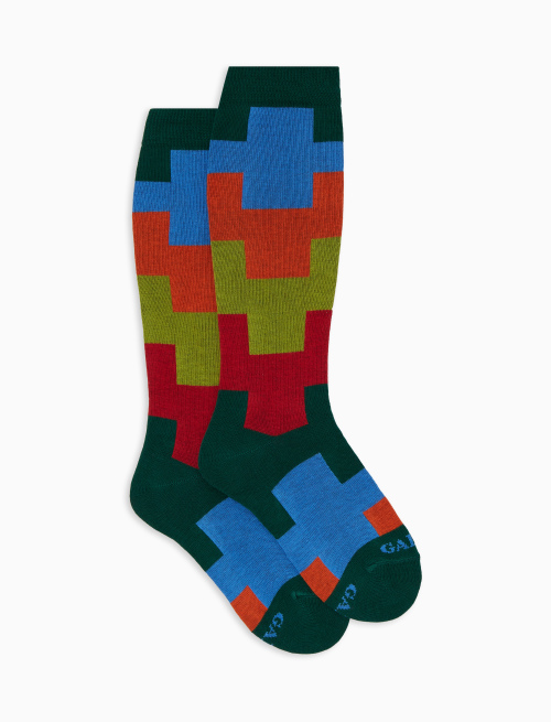 Kids' long green cotton socks with geometric motif - Socks | Gallo 1927 - Official Online Shop