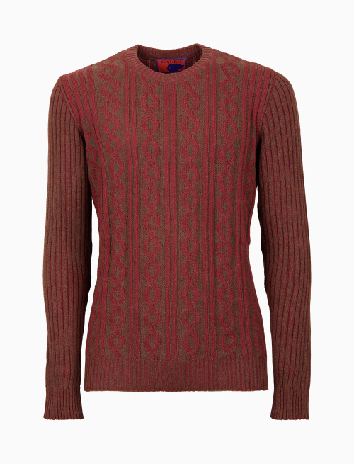 Men's brown wool and cashmere crew-neck sweater with cable motif and two-tone plated ribbing - Clothing | Gallo 1927 - Official Online Shop