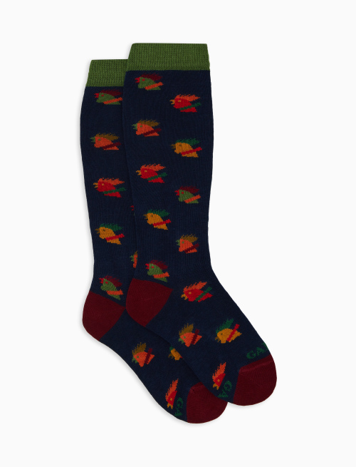 Kids' long blue cotton socks with multicoloured hen motif - The FW Edition | Gallo 1927 - Official Online Shop